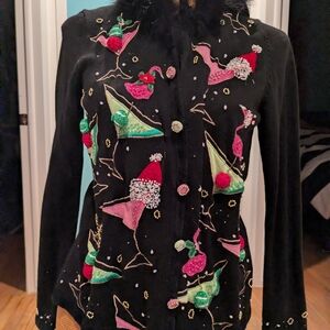 Flamingo Martini Glass Embroidered Marabou Collar Ugly Christmas Sweater